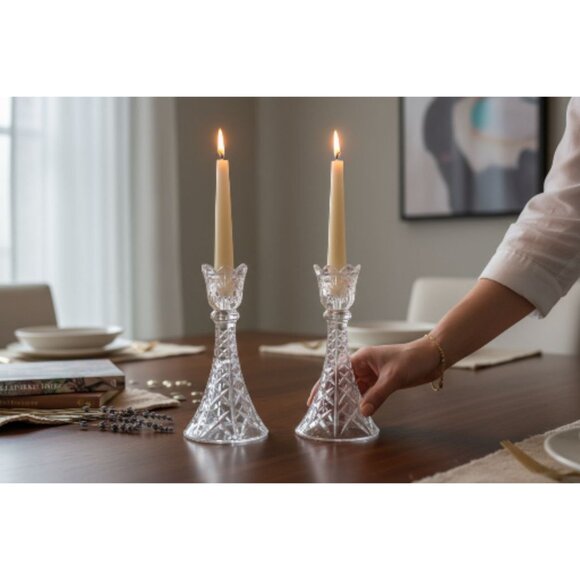 Crystal Tulip Candle Stick Holders 8" Elegant Clear Glass Decorative Pair - Picture 1 of 6